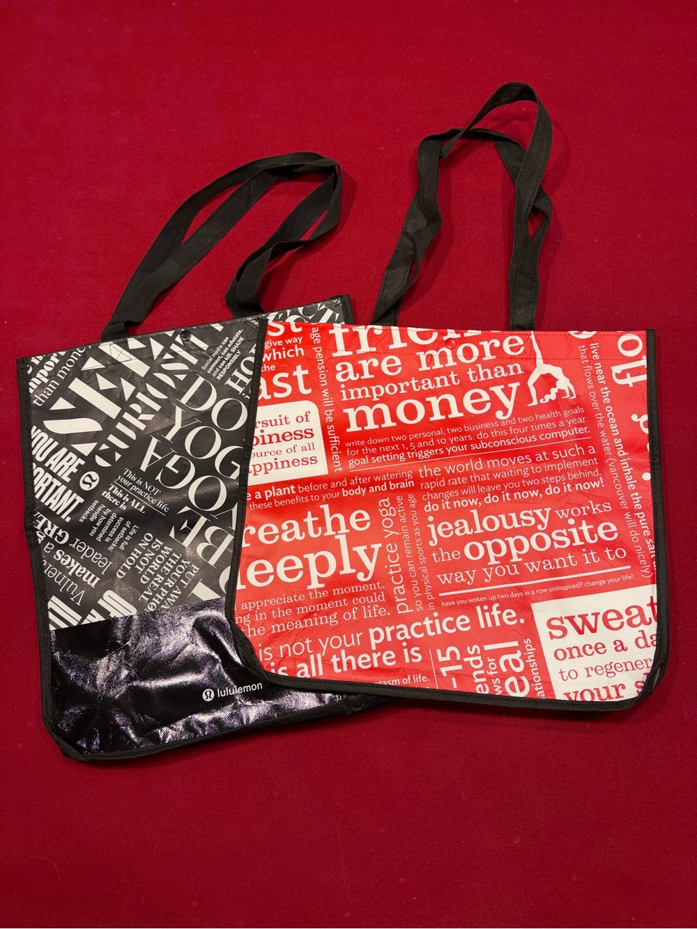 Lululemon 2 Large Reusable Shopping Tote Bags Black White Red